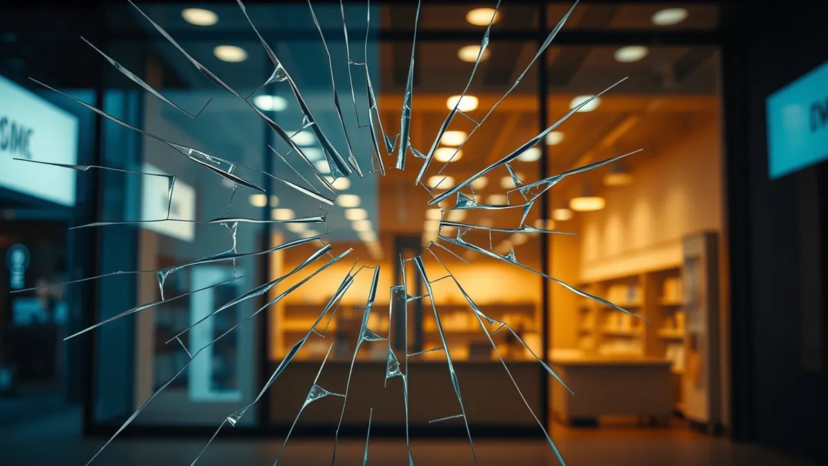 Illustration: A generic e-commerce storefront window sits behind a cracked glass pane, with abstract jagged shards floating outward into the air.