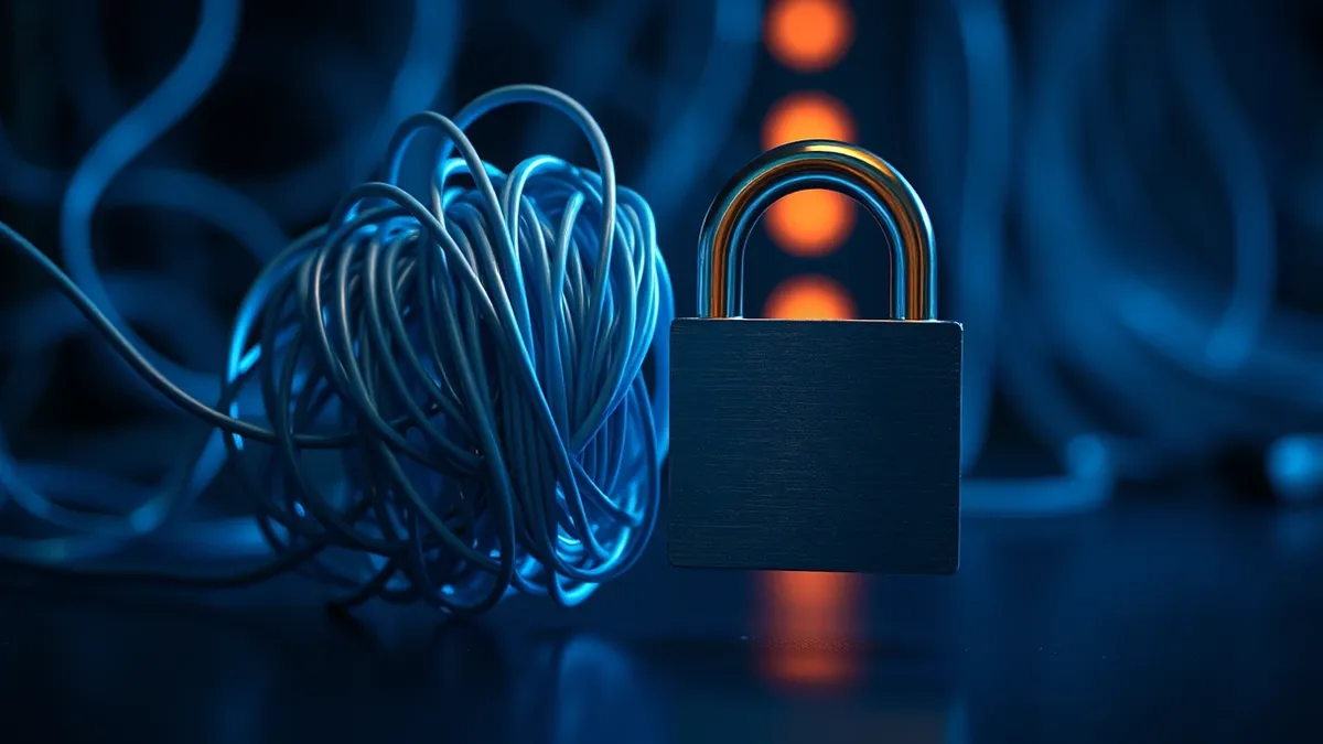 Illustration: A tangled knot of glowing blue wires transforms into a rigid geometric lock.
