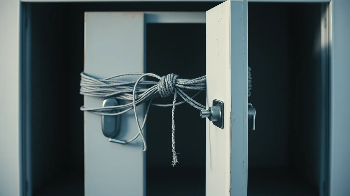 Illustration: A tangled knot of thin, frayed gray threads chokes a small, open metal cabinet door.