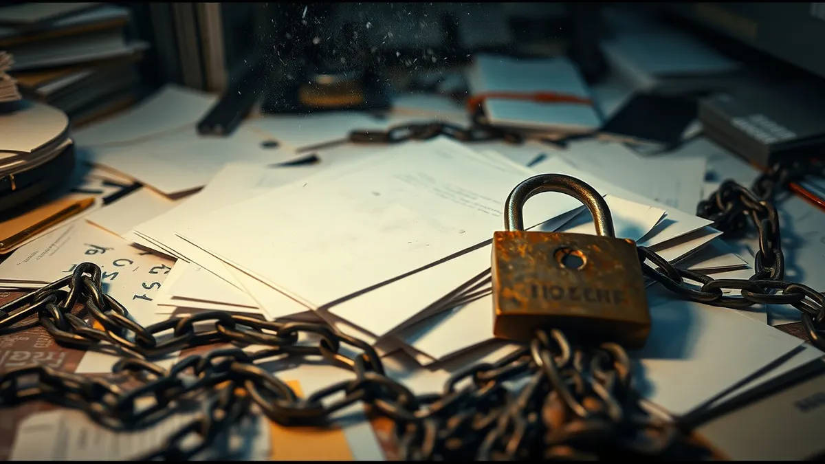 Illustration: A scattered pile of blank, white paper documents rests on a cluttered desk, surrounded by heavy chain links and a rusty padlock.