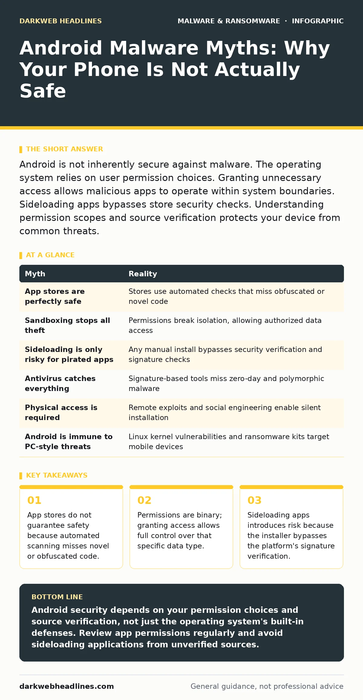 Infographic: Android Malware Myths: Why Your Phone Is Not Actually Safe. App stores do not guarantee safety because automated scanning misses novel or obfuscated code. Permissions are binary; granting access allows full control over that specific data type. Sideloading apps introduces risk because t