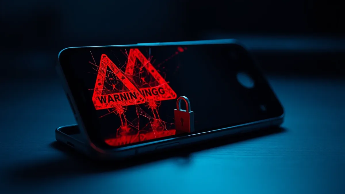 Illustration: A cracked smartphone screen shows abstract red warning shapes bleeding through the glass, while a small digital keyhole sits loosely open on the display surface, symb