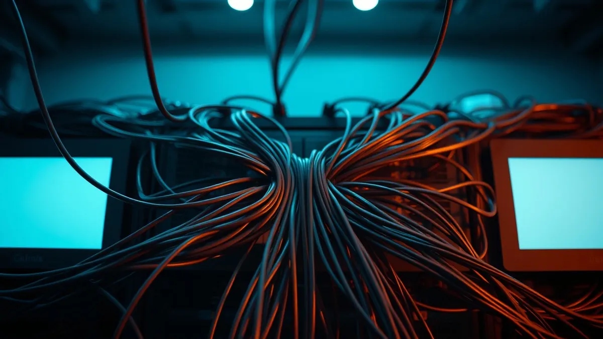 Illustration: A tangled web of dark cables disconnects from a central network hub, severing the link between two abstract server nodes.