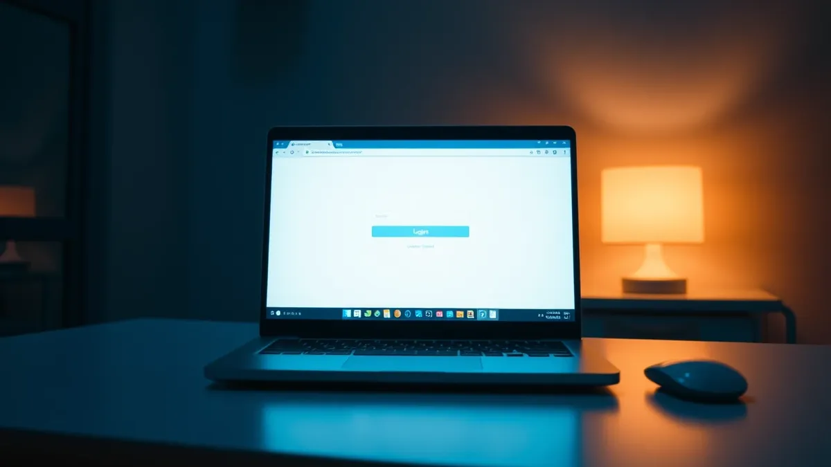Illustration: A sleek laptop rests on a clean white desk, its screen displaying a blank browser window with an empty address bar and no visible login form.