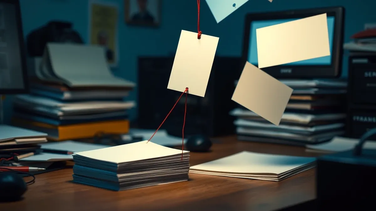 Illustration: A messy desk holds a stack of blank index cards next to a single clean folder.