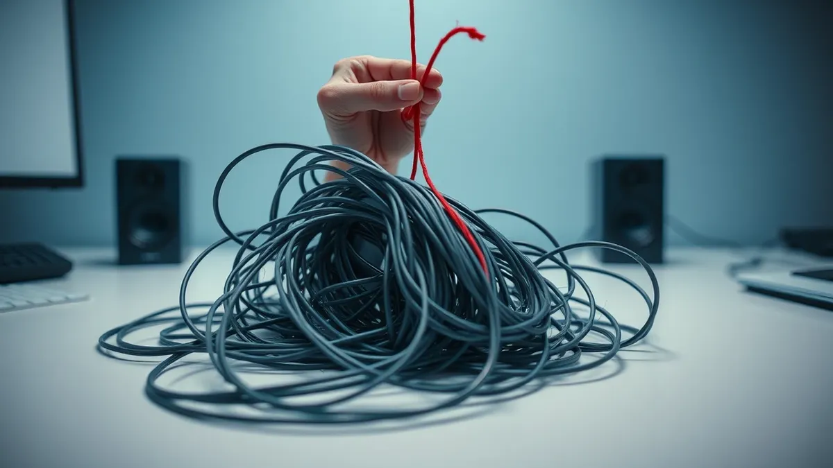 Illustration: A tangled knot of grey wires sits on a clean white desk, representing complex application code that automated tools cannot untangle.