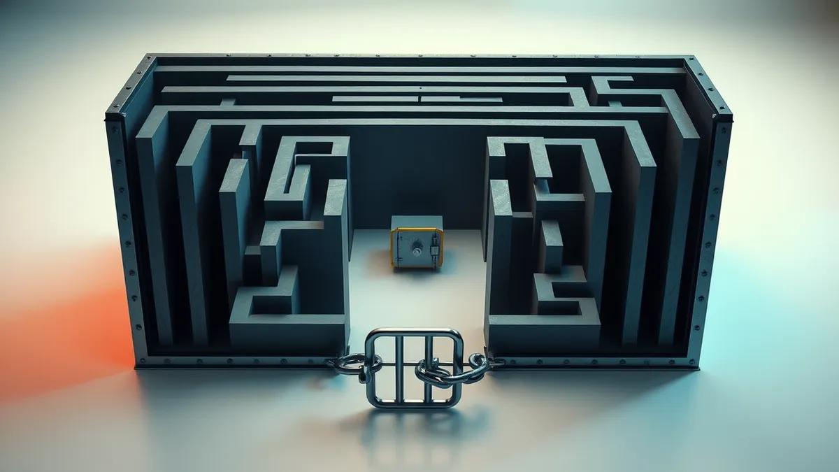 Illustration: A large, intricate metallic labyrinth sits on a clean white surface.