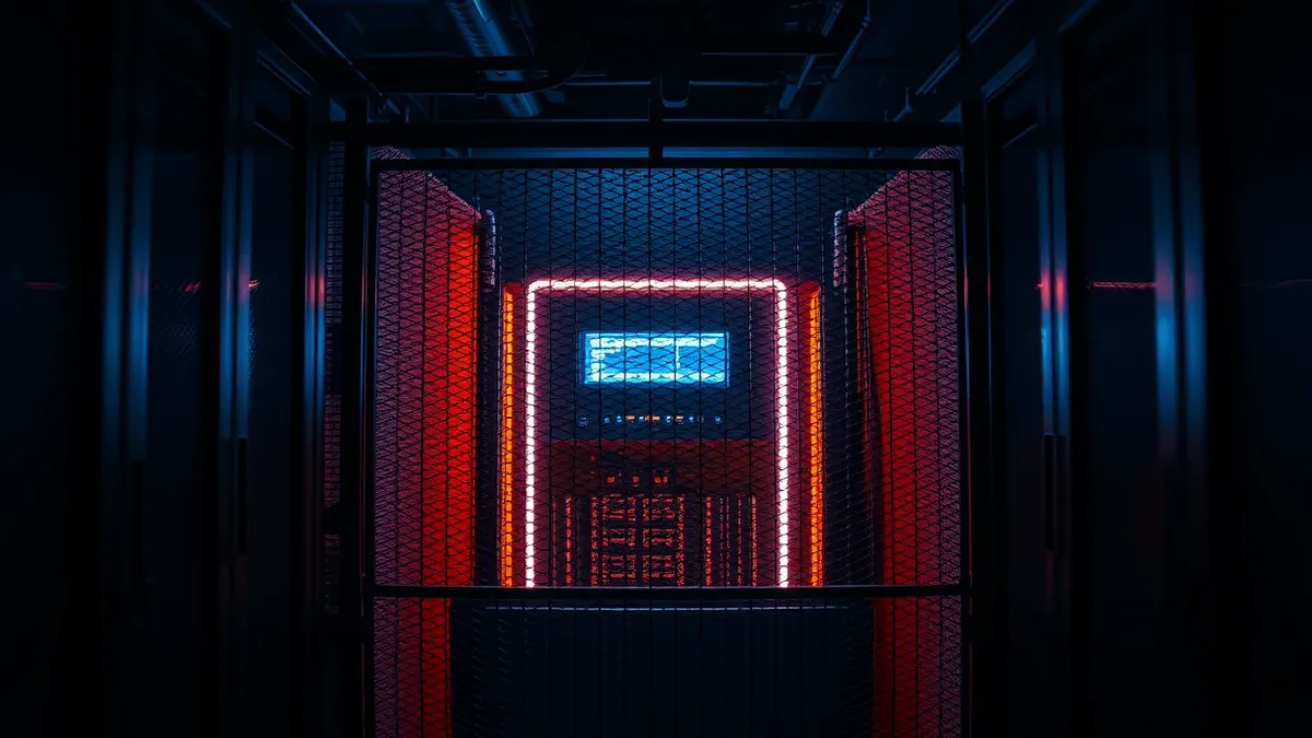 Illustration: A tight-fitting metal mesh cage surrounds a single glowing server unit in a dark room.