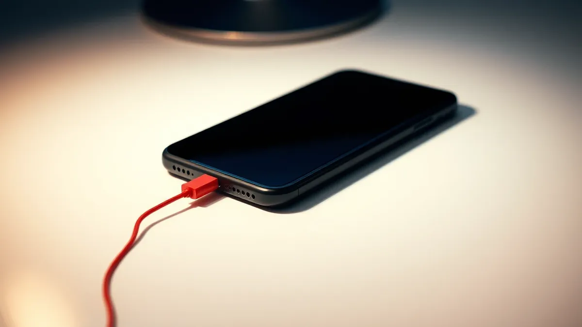 Illustration: A sleek black smartphone rests on a clean white desk.