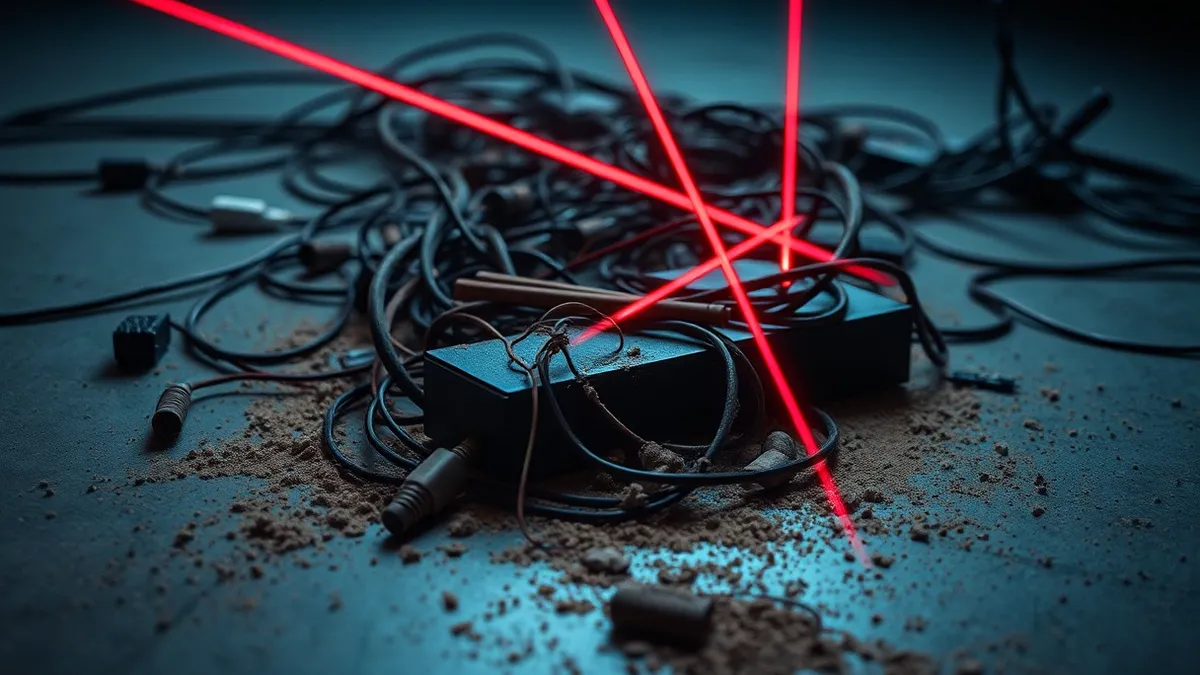 Illustration: A tangle of frayed ethernet cables and broken router casings lies scattered across a concrete floor.