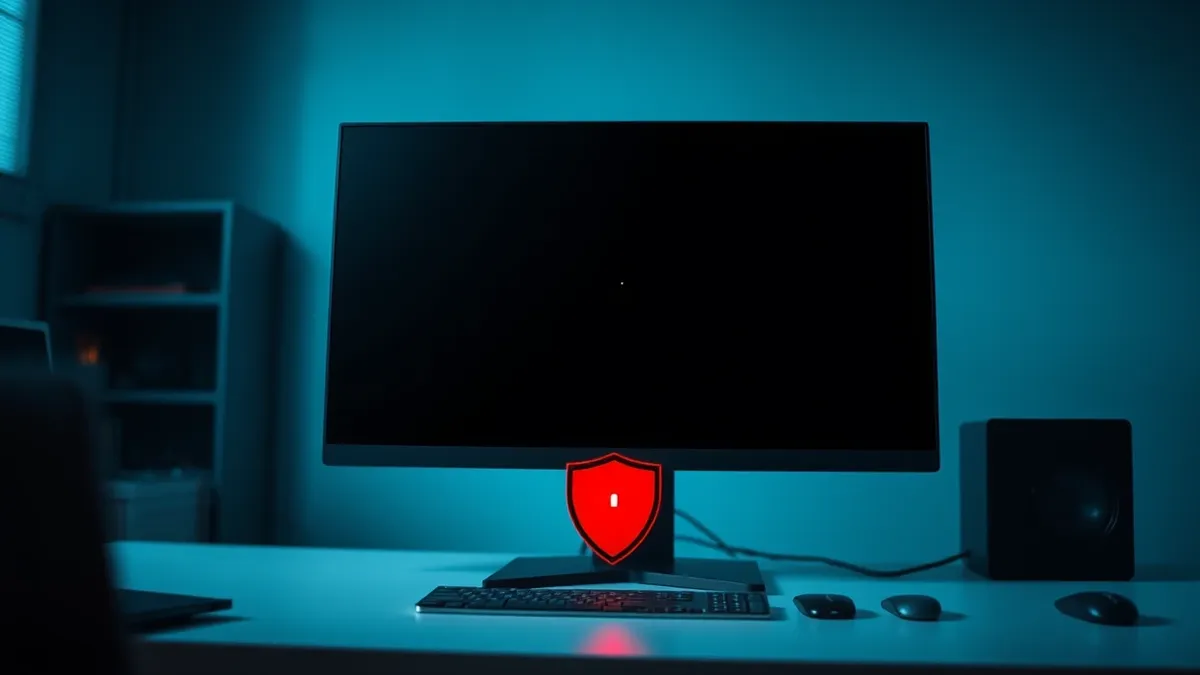 Illustration: A sleek desktop monitor sits on a clean desk, its screen displaying a stark black void with a single blinking white cursor.