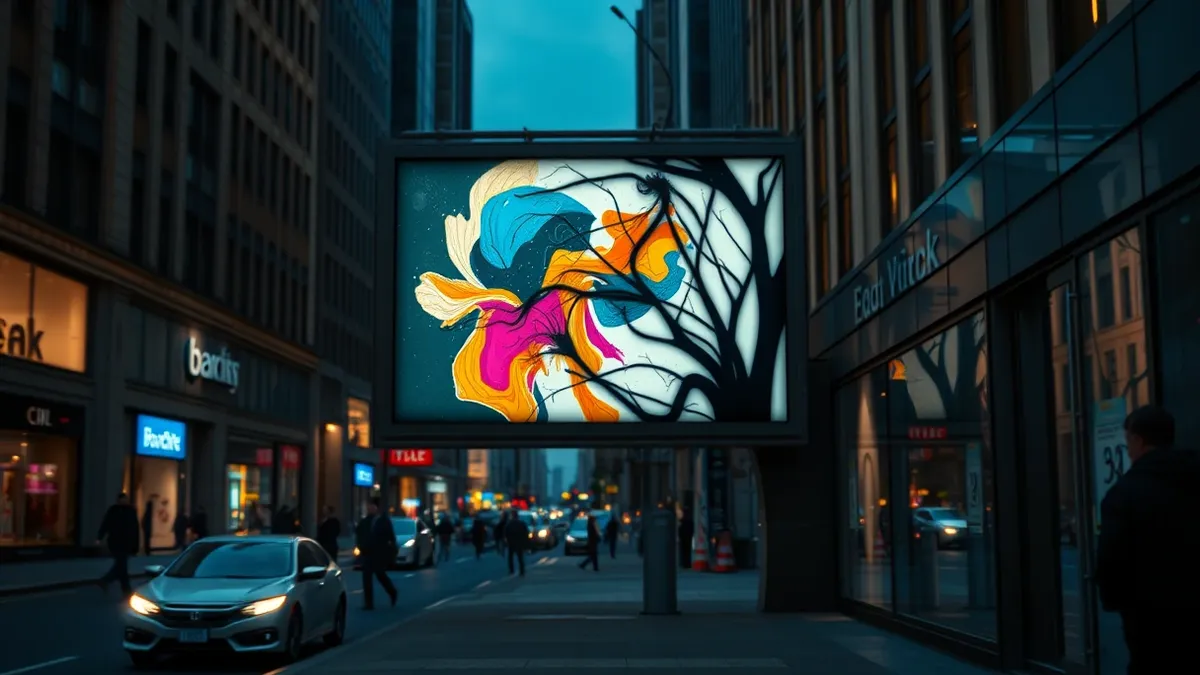 Illustration: A sleek billboard on a busy city street displays a colorful abstract advertisement.