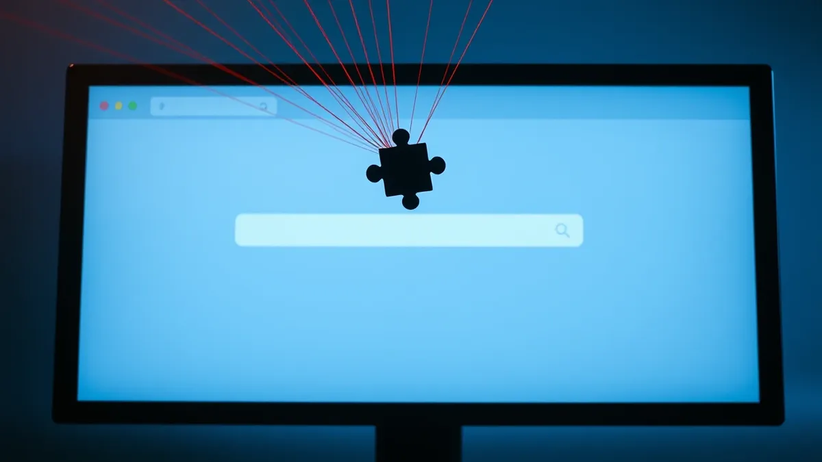 Illustration: A generic web browser window displays a blank webpage with a small, dark puzzle piece icon hovering over the address bar.