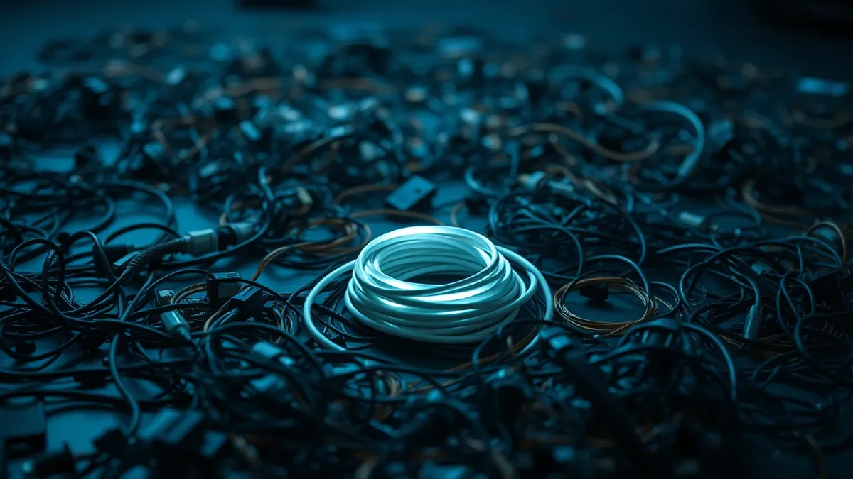 Illustration: A chaotic tangle of wires and cables spills across a dark floor.