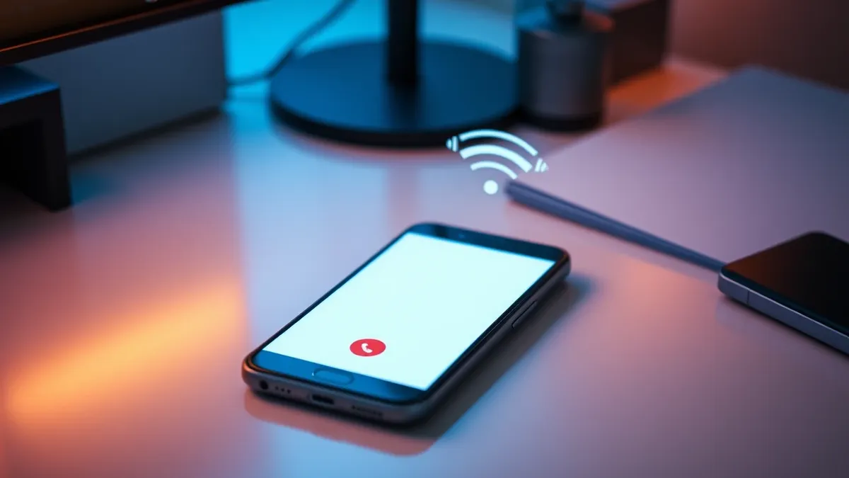 Illustration: A generic smartphone sits on a clean desk surface while an incoming call notification glows on its blank screen.