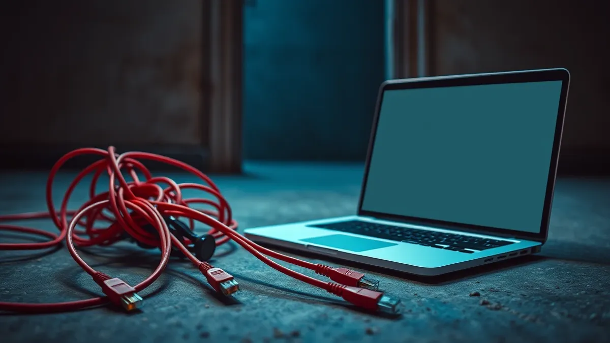 Illustration: A tangled knot of red ethernet cables sits on a concrete floor next to an open laptop with a blank screen.